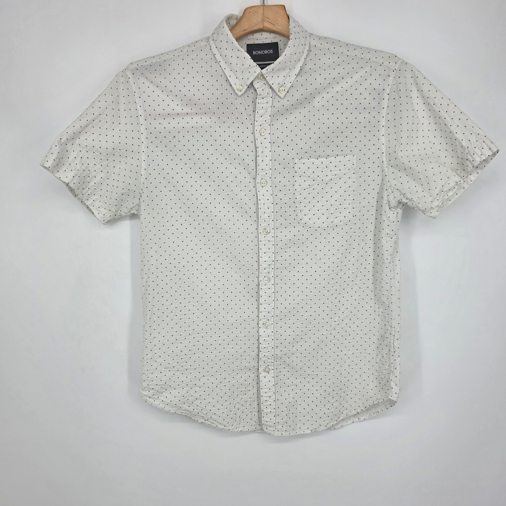 Bonobos Mens White Navy Polka Dot Seersucker Short Sleeve Button Down Shirt M